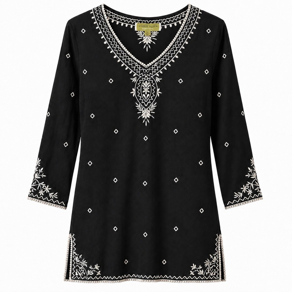 SIGRID OLSEN SIGNATURE Sz M Black White Embroidered Cotton Tunic Top Boho India